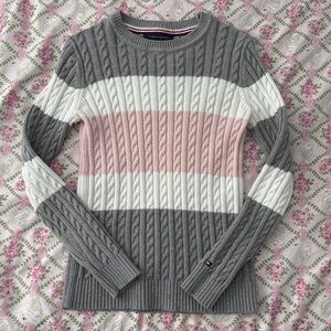 Tommy Hilfiger Gray, White & Pink Cable-Knit Crewneck Sweater